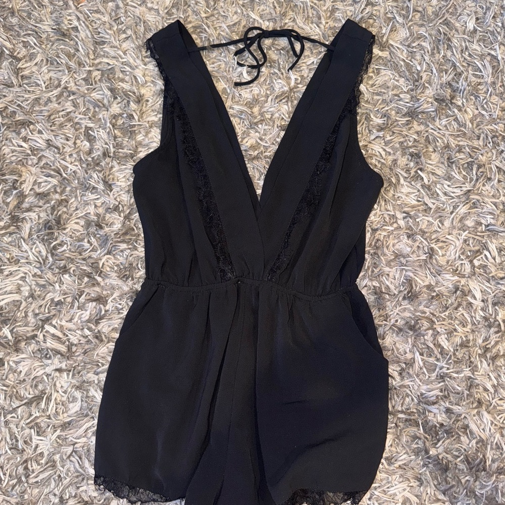 Black Sleeveless Romper with Lace Trim